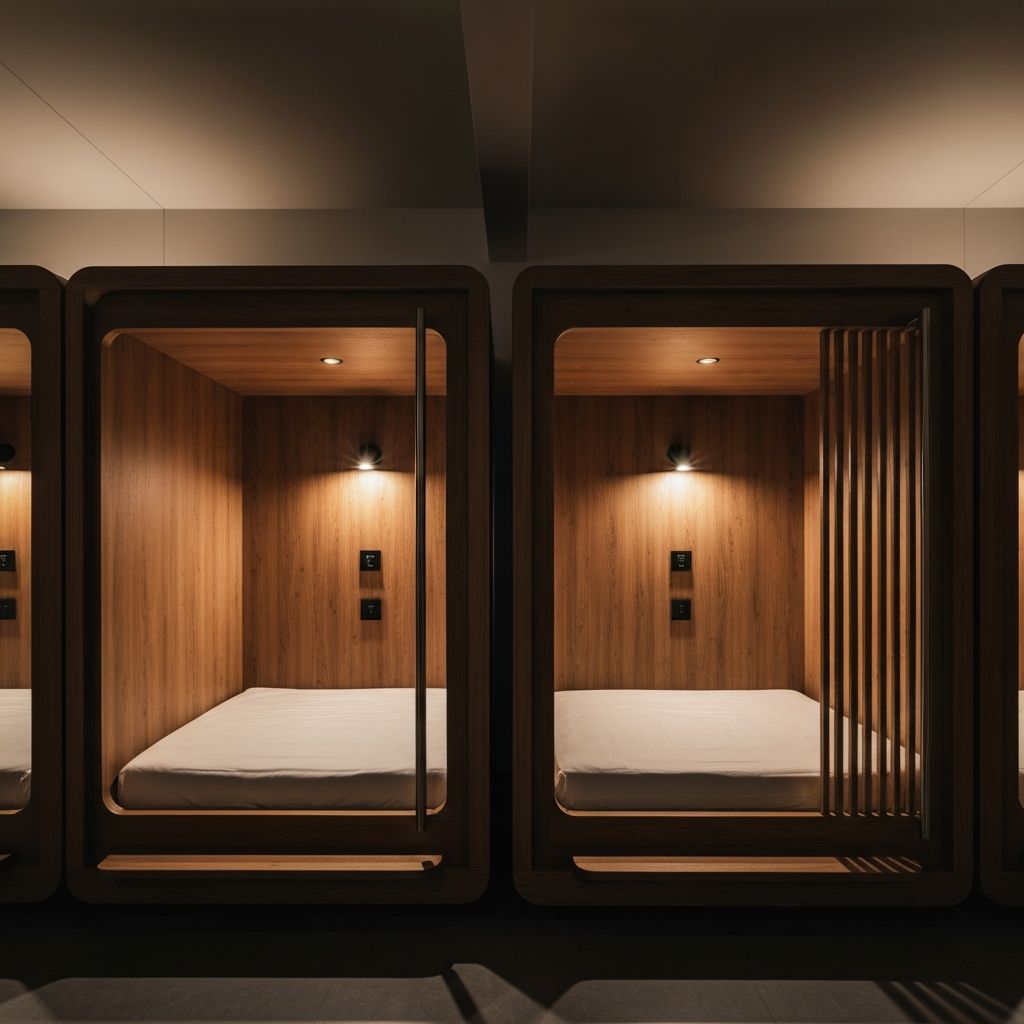 Современный интерьер капсульного отеля с деревянными модулями